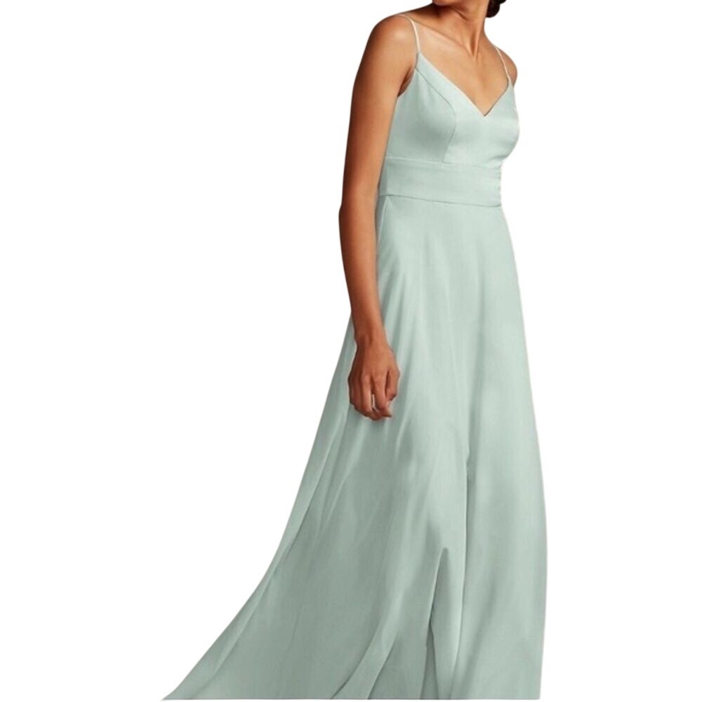 David's Bridal Women's Dusty Sage Long Spaghetti V Neck Formal Dress 4